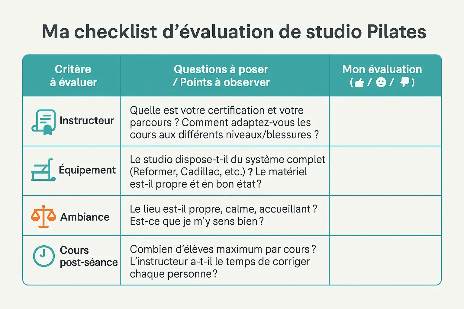 <strong>Checklist d'évaluation d'un studio de Pilates</strong>