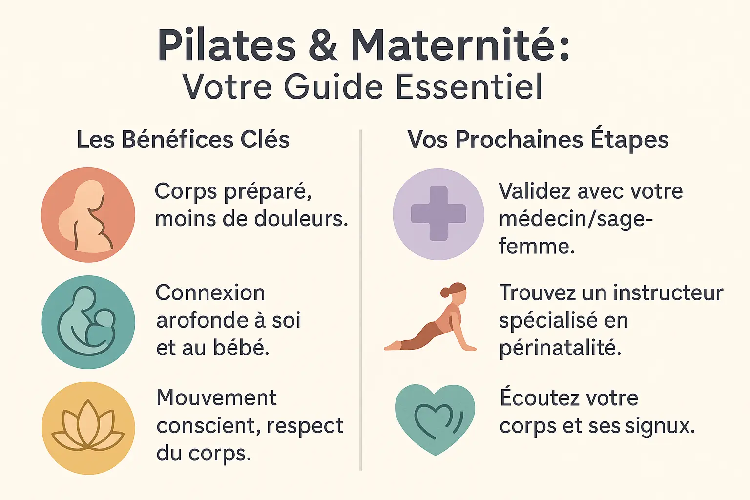 Illustration d'une femme enceinte pratiquant le Pilates sur un tapis, entourée de coussins de soutien et d'un ballon de gym