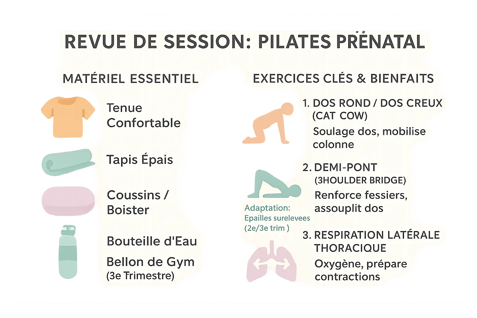 Illustration d'une femme enceinte pratiquant le Pilates sur un tapis avec un coussin de soutien